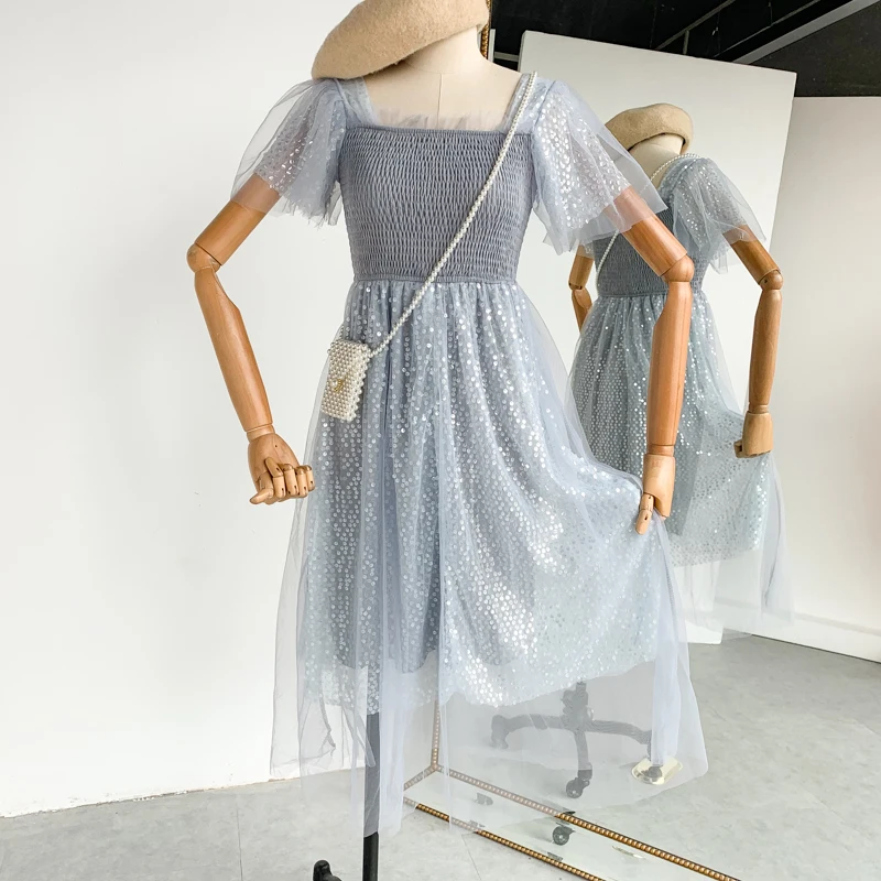 

Summer new female square collar net yarn sequins bling fairy dress women's butterfly sleeve ruffles shiny mesh gauze dresses