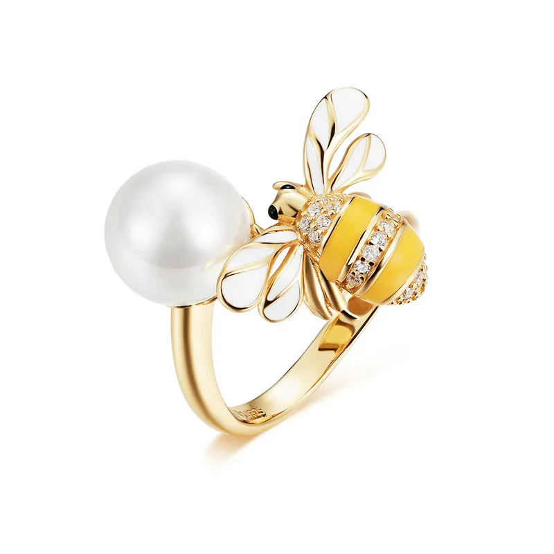 

ABAY Authentic 925 Sterling Silver Freshwater Pearl And Bee Gold Color Female Finger Rings for Women Wedding Jewelry