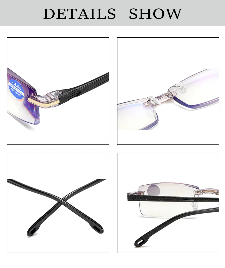Ультралегкие очки для чтения без оправы для женщин и мужчин, прозрачные линзы, против Blu-Ray, компьютерные очки, очки для пресбиопии, диоптрия+ 1+ 1,5+ 2+ 2,5+ 3