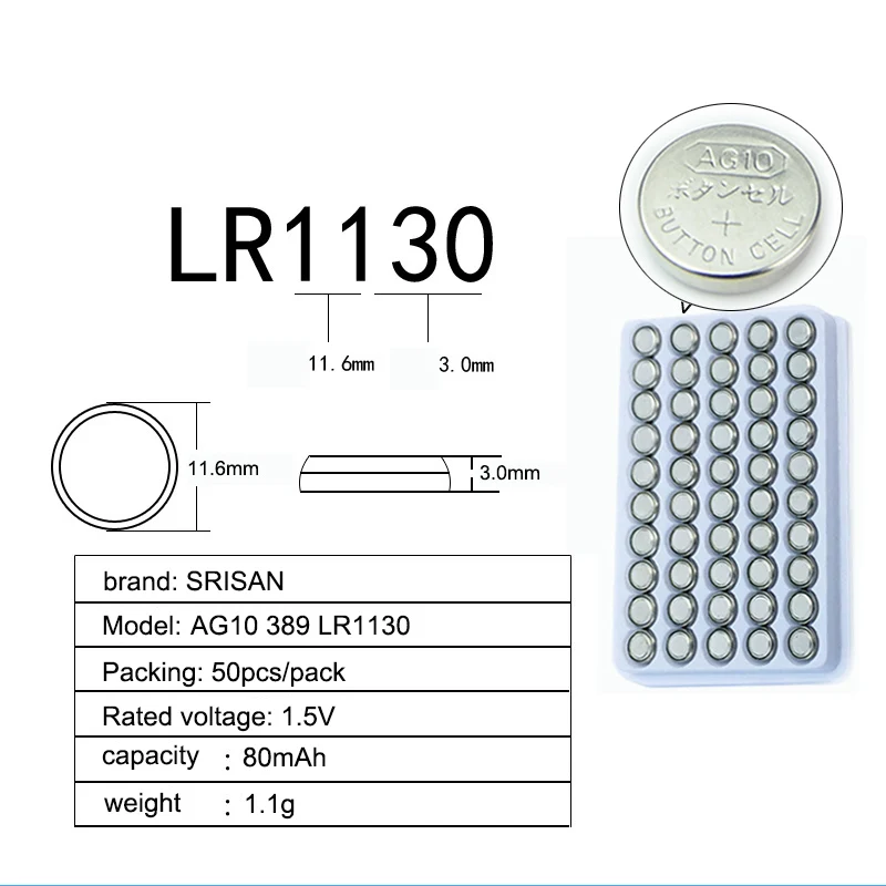 GTF, 50 шт в наборе, 1,5 v-образная Кнопка Батарея AG10 LR1130 1130 SR1130 389A LR54 L1131 389A Батарея для MP3-плееры, игрушечные часы трансформаторного двигателя Mn-Zn/MnO2 батареи