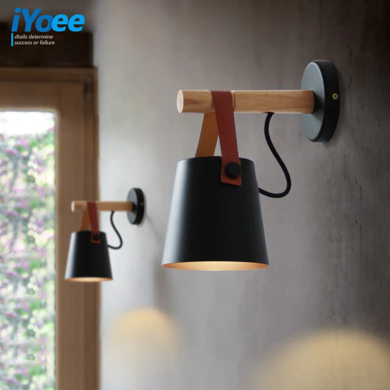 iYoee iron wall sconce metal leather belt wood wall lamp American country lighting white black color cafe bar bedside light