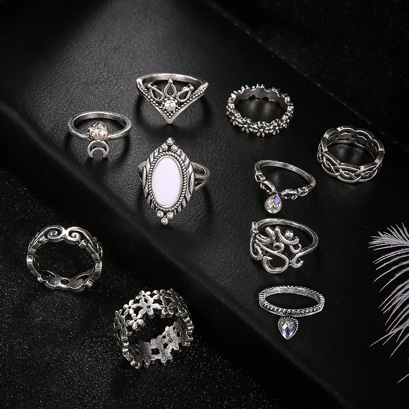 Модные ювелирные изделия для девочек, 10 шт./компл., богемное серебряное гравированное кольцо, Винтажное кольцо миди на палец, набор женских украшений, набор колец на костяшки