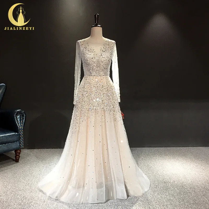 

JIALINZEYI Real Sample Long SLeeves Sliver Grey FUll Luxurious Beads Sequins Crystal Hot Same for Party Evening Dresses AJ010