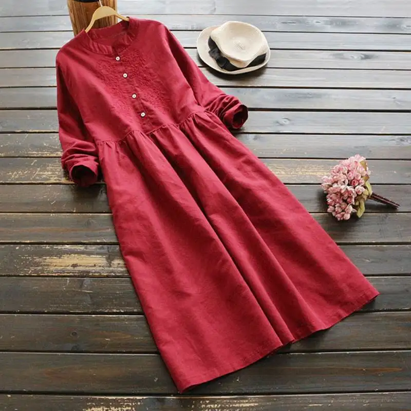 Осеннее винтажное женское платье ZANZEA с длинным рукавом и пуговицами из хлопка и льна, повседневное свободное женское платье с вышивкой, длинное платье-рубашка - Цвет: Красный