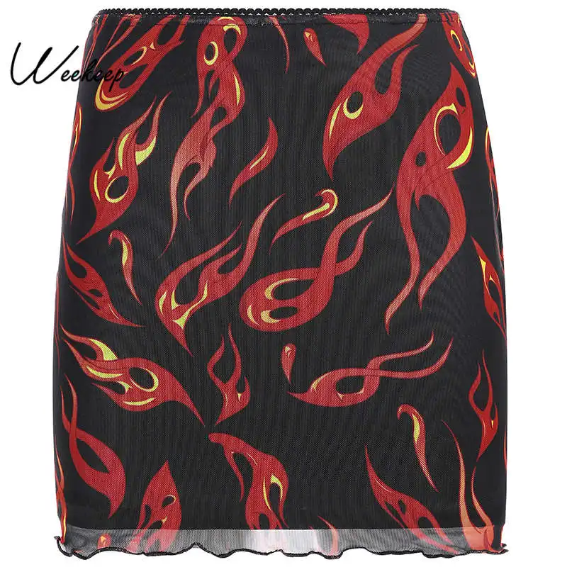 

Weekeep Women High Waist Flame Print Skirt Summer Streetwear Sexy Mini Skirt 2019 Fashion Pencil Skirt Women