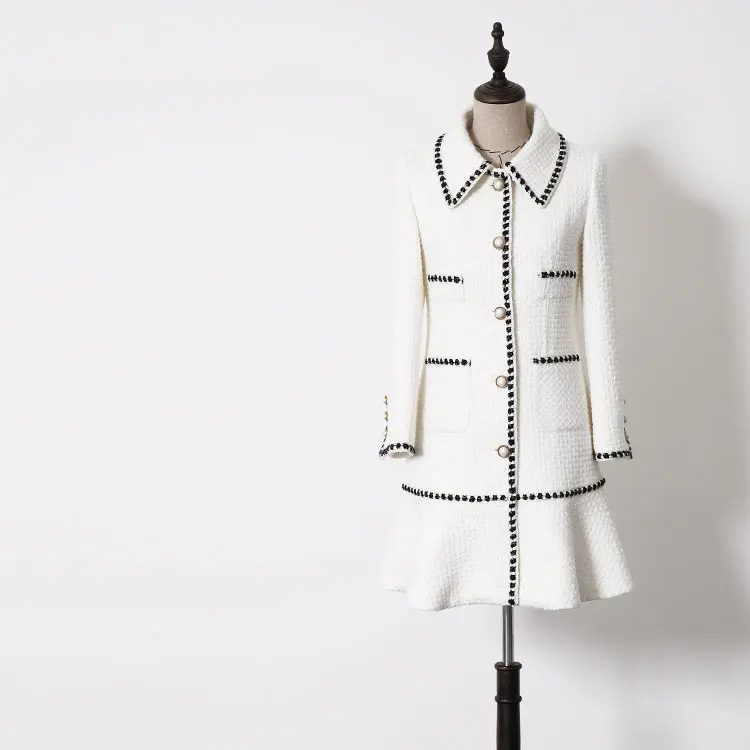 Женские черные, белые, цветные, с цепочками, твидовые зимние длинные куртки, с отложным воротником, с оборками, элегантные пальто, новинка