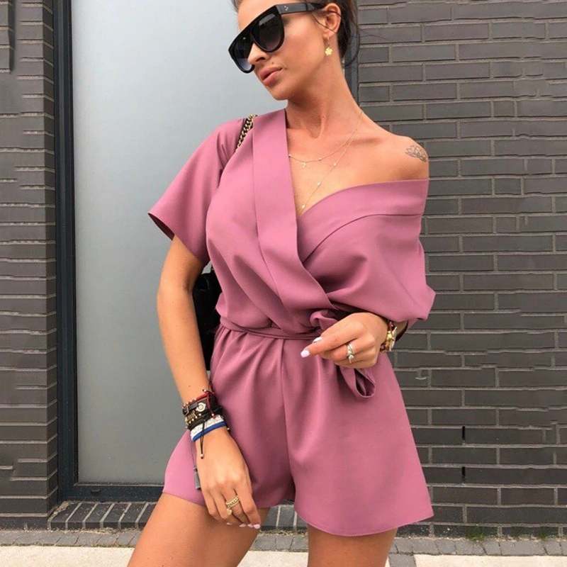 Deep V-neck Short Sleeve Loose Playsuits Women Casual Solid Sexy Playsuit Lace Up Spring Summer Ladies Elegant Playsuits 2019