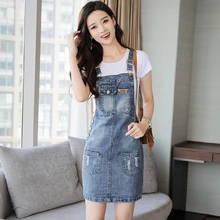 #2701 2021 Summer Straps Denim Dresses Women Sleeveless Side Button Pockets Slim Distressed Jeans Dress Ladies Korean Fashion