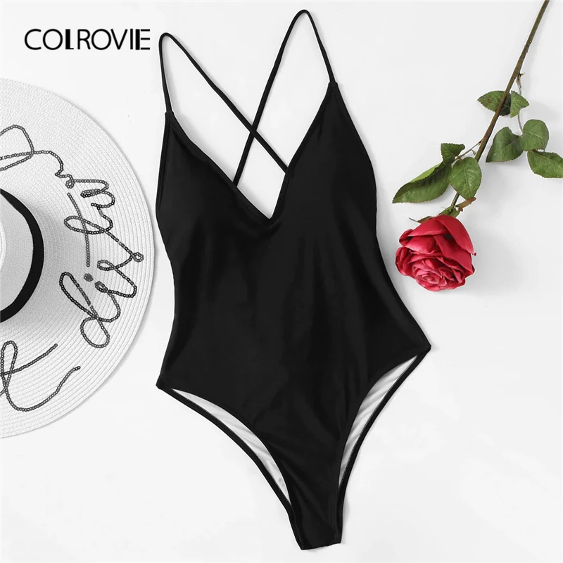 

COLROVIE Black Solid Tie Back Push Up One Piece Swimwear Women Sexy Bikini 2019 Summer Criss Cross Swimsuit Bathing Beachwear