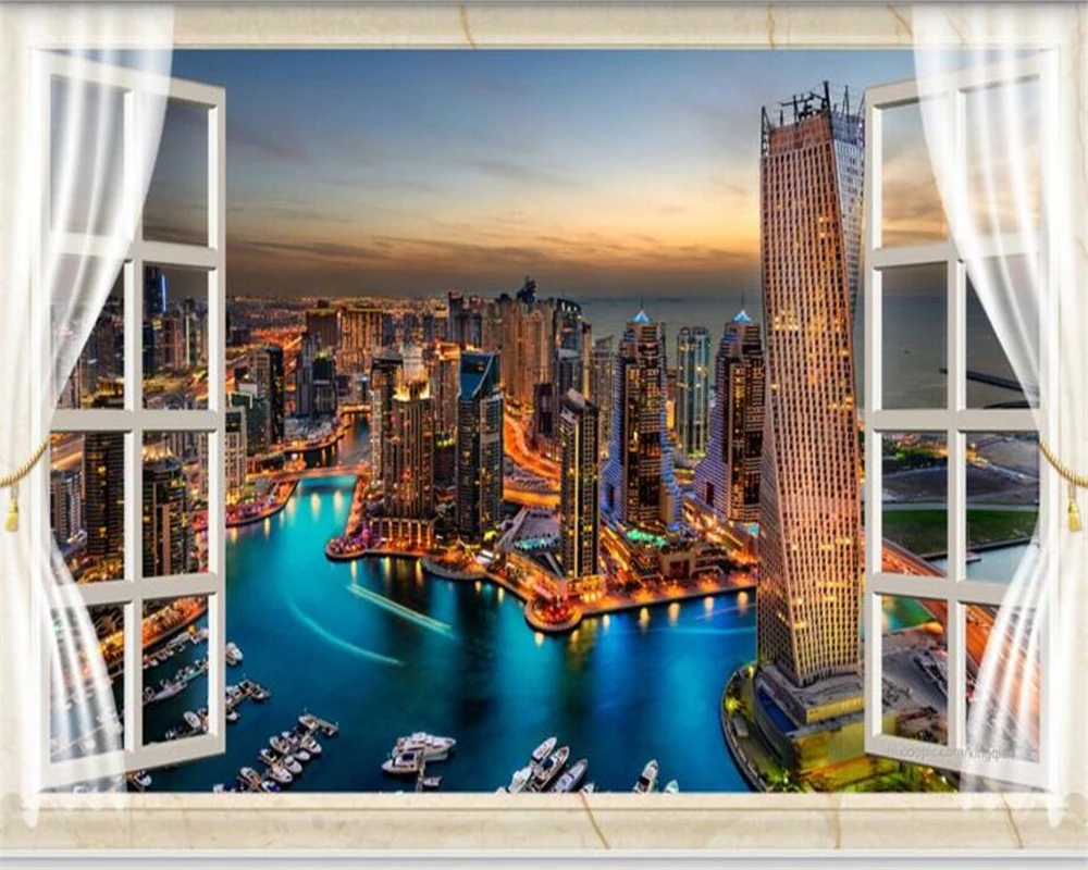 Beibehang Custom Wallpaper Window Dubai City Night View 3d Tv Backdrop Wall Decorative Backdrop Wall 3d Wallpaper For Walls Wallpapers Aliexpress