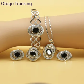 

Otogo Transing 2019 Round Black Cubic Zirconia Silver Color Jewelry Sets For Women Earring Pendant Necklace Ring Bracelet SET211