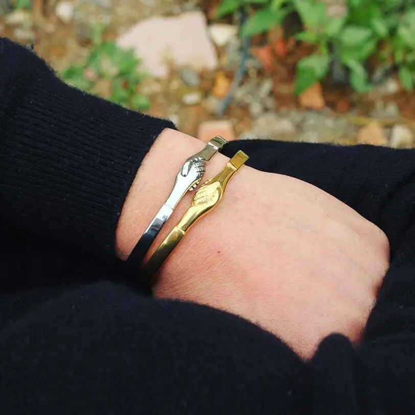 Retro Stainless Steel Men Woman Open Cuff Shake Hands Bracelet Bangle