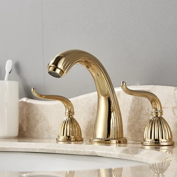 

Senlesen 3 pcs Basin Faucet Dual Handles Dual Control Gold Plated Deck Mount For Bathroom Sink Mixer Taps Hot Cold Water