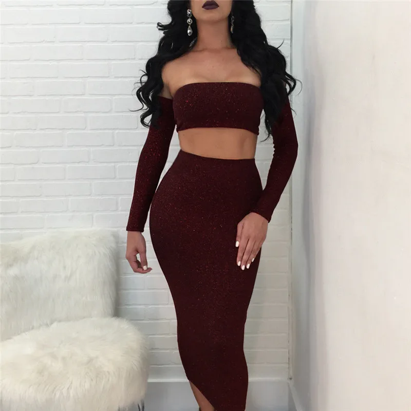 Buy 2018 Off Shoulder Long Sleeve 2 Piece Set Women
