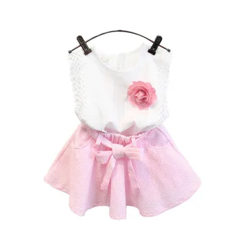 

Summer Girl Clothing Set Sleeveless T-shirt Flower Top Pocket Plaid Short Skirt Belt Kids Clothes FJ88