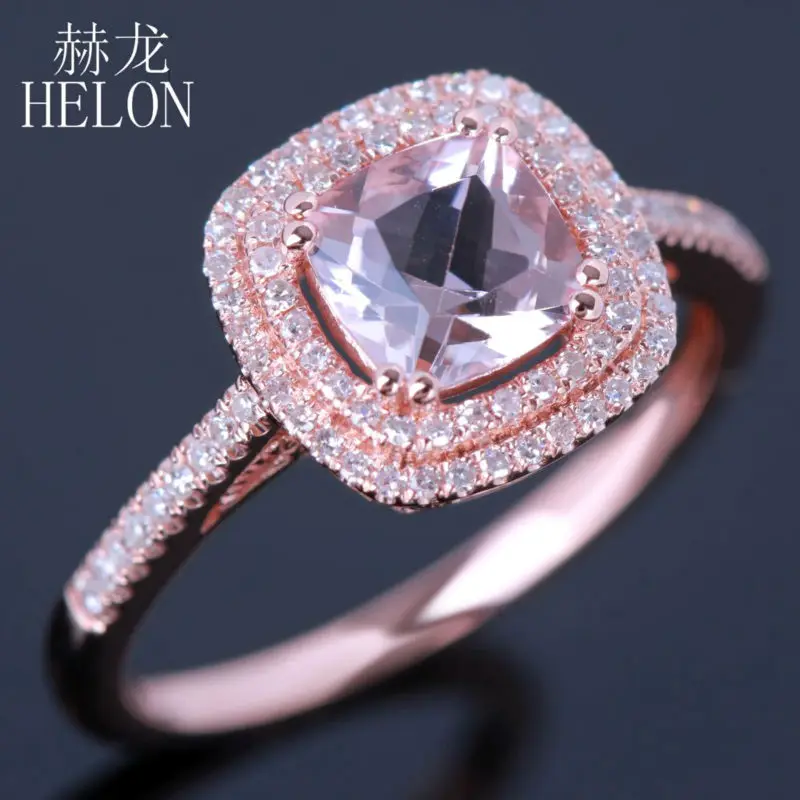 Helon Jewelry Твердые 10 К розовое золото 6 мм Подушки 0.85ct розовый морганит проложить 0.3ct настоящий бриллиант haloes Обручение Свадебные кольцо