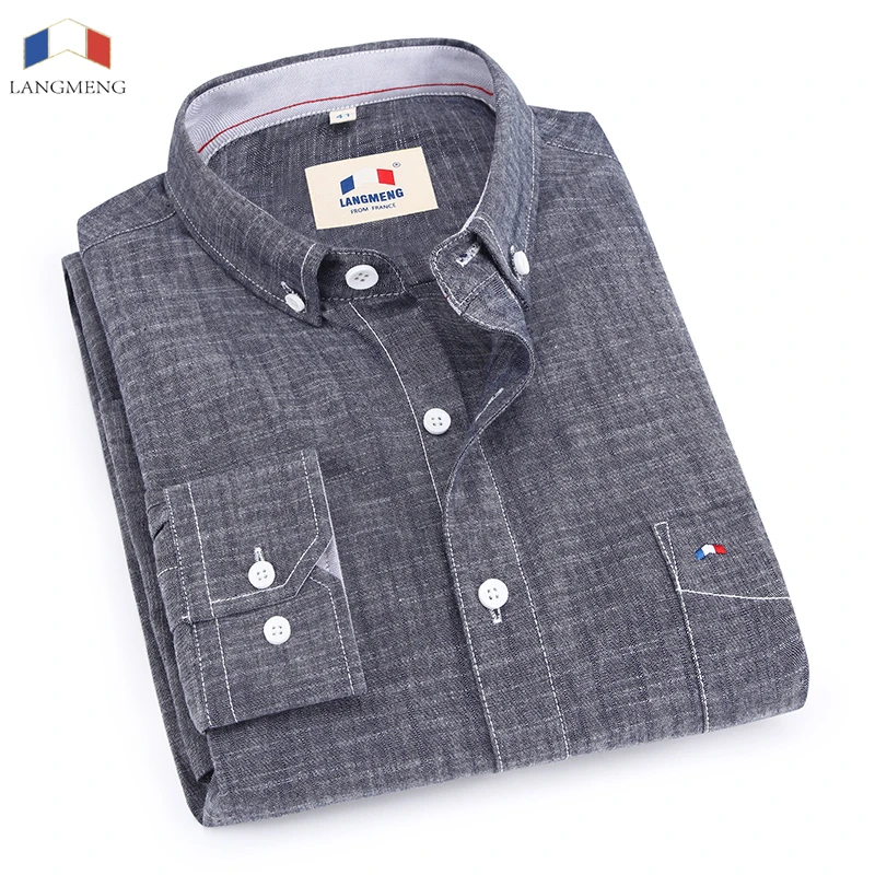Spring Autumn Male Long Sleeve100 Cotton Casual Shirts Men Solid Color Slim Jeans Shirt Men Denim