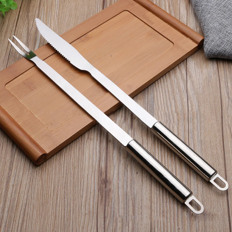 Long Handle Stainless Steel Barbecue Fork Knife Set Round Tube Wooden Handle BBQ Meat Lamb