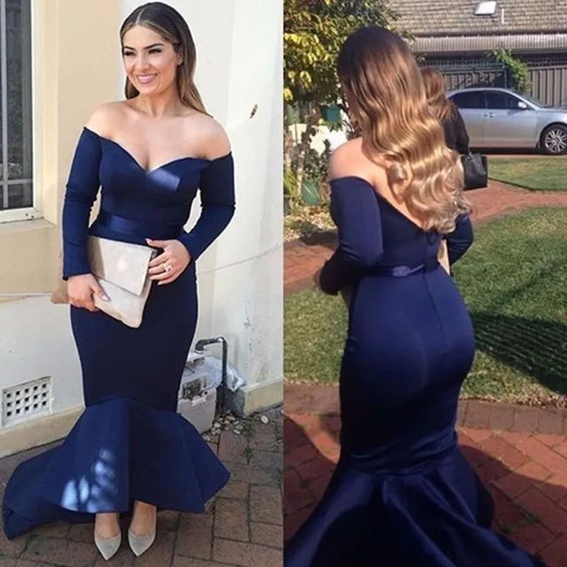 

Sexy Off The Shoulder Long Sleeves Cocktail Dress Navy Blue Mermaid Tea-Length Satin Cocktail Dresses Vestido De Festa Longo