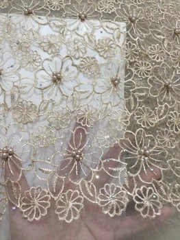 

2019 Free shipping peach Embroidery designs high quality african cord lace cotton gold nigerian french mech lace fabric