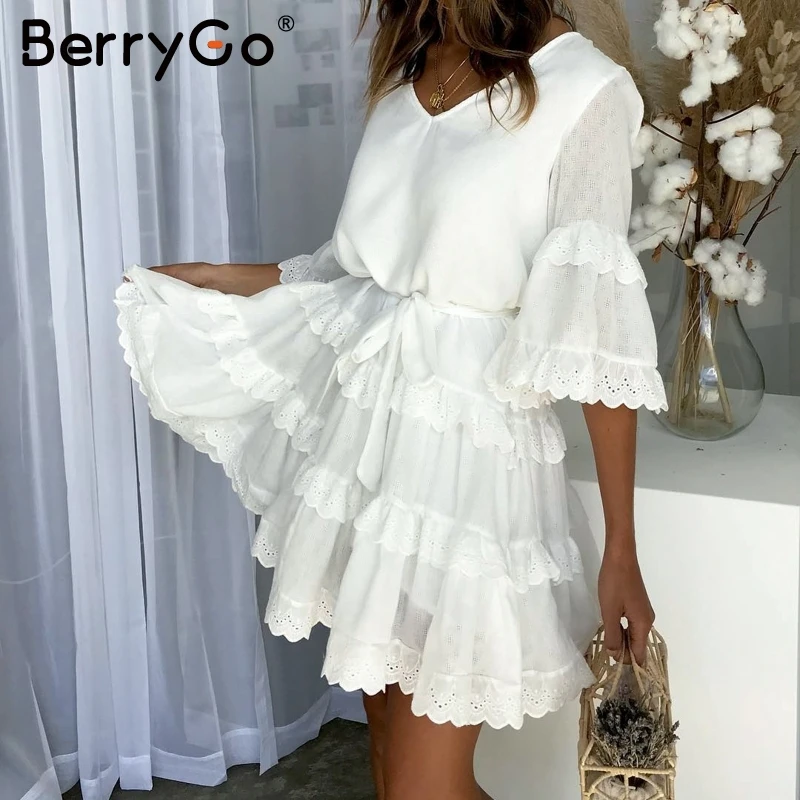 

BerryGo Elegant ruffle layered women summer dress Casaul loose high waist white dress V neck embroidery short dress ladies 2019
