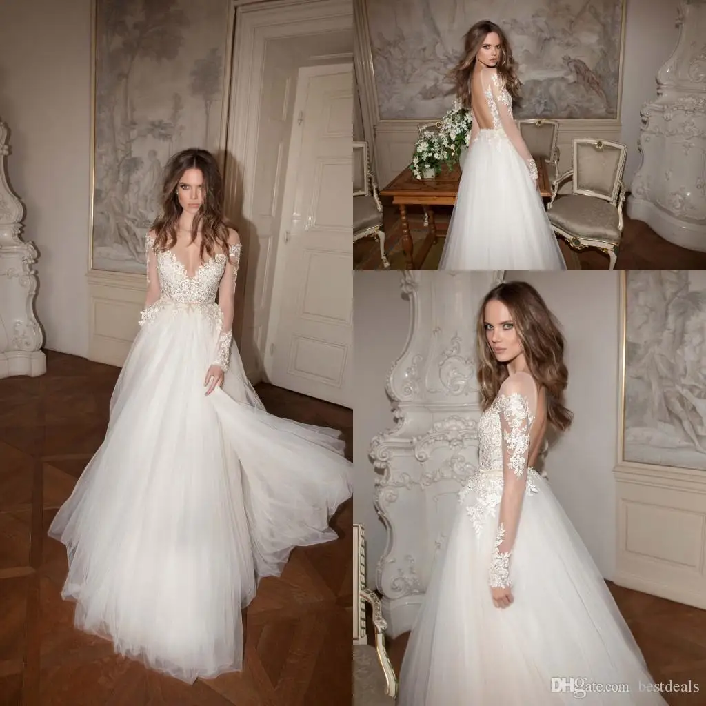 New Berta Ivory Illusion Long Sleeves A Line Lace Tulle Wedding Dresses 2016 Spring Fall Sheer Crew Neck Backless Floor Length Bridal Gowns