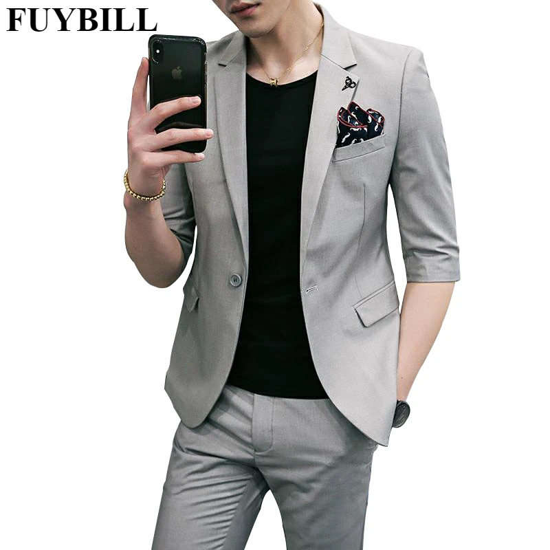 

FUYBILL 2019 New Summer Men's Suits Men's Seven-point Sleeves Korean Slim Short-sleeved Suits Groom Wedding Banquet M-3XL 4 Size