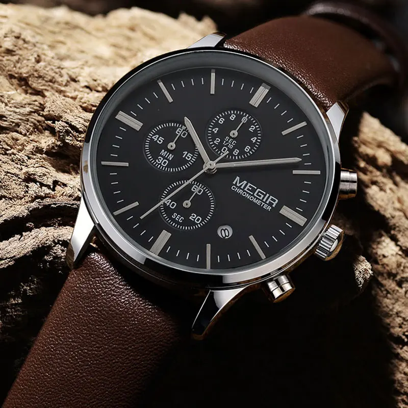 Повседневные новые Военные стильные MEGIR брендовые дизайнерские модные мужские часы с хронографом Спортивные Кожаные Деловые Роскошные наручные часы подарок