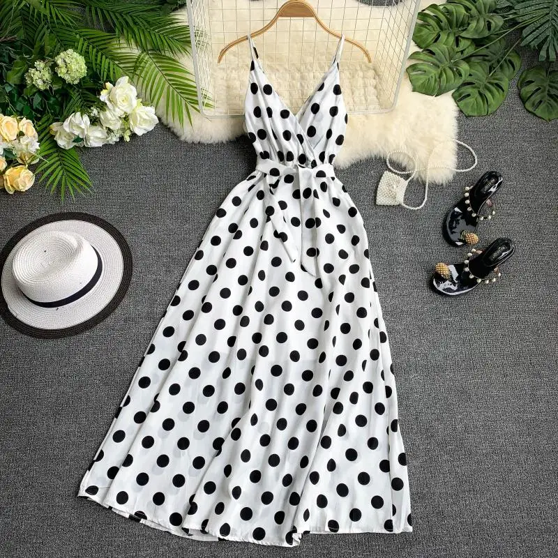 

Bohemian Vintage V Neck Polka Dot Print Summer Bandage Maxi Long Dress Spaghetti Strap Party Women Casual Beach Holiday Vestidos