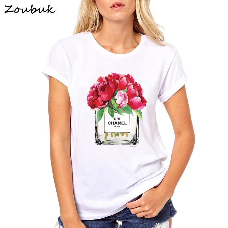 2018 verano Tops mujer Perfume t camisa camisetas mujer de las señoras de la moda o-Cuello de manga corta tops blanco de alta calidad