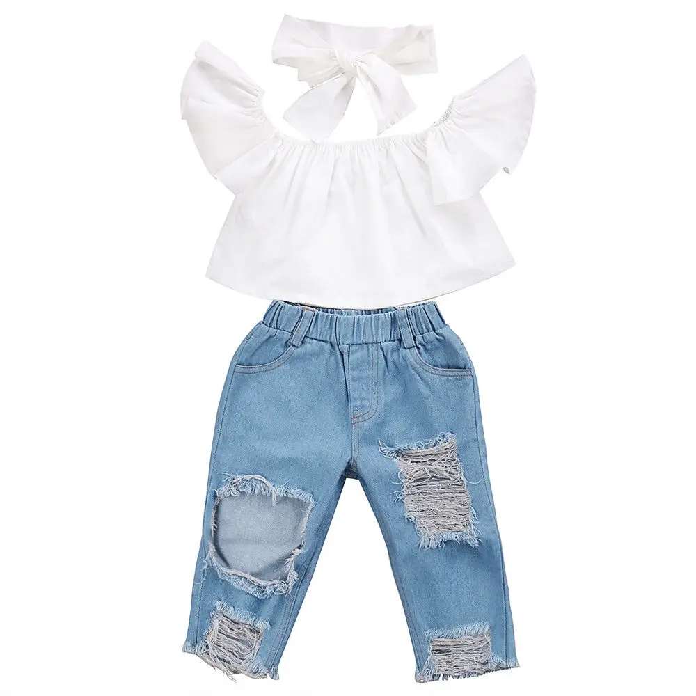 

2017 New Brand Toddler Infant Child Girl Kids Off Shoulder Tops Denim Pants Jeans Outfits Headband 3Pcs Set Fashion Clothes 1-6Y