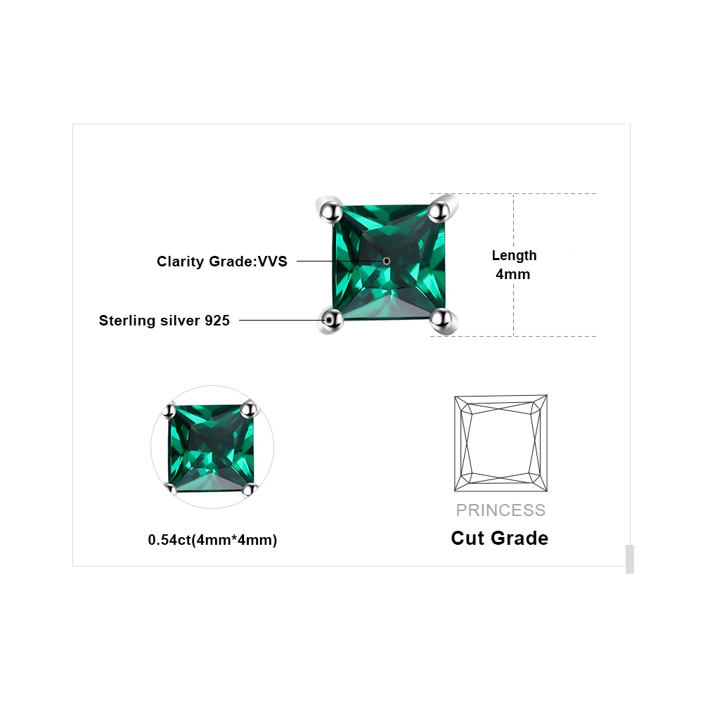 JewelryPalace 0.6ct Green Nano Russian Created Emerald Earrings Stud Women Classic Square Cut 925 Sterling Silver Jewelry Gift