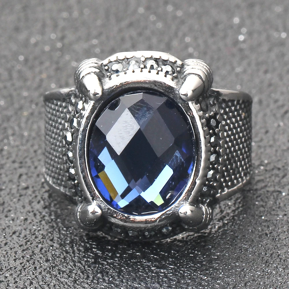Personalized Cool Men Blue Stone Crystal Rings Stainless Steel Wedding Rings for Men Jewelry 18mm Wide Rings Jewelry Size7-12