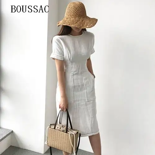

Women Summer Elegant High Waist Pocket Cotton Linen Dress Female Bodycon White Vestido Robe Femme Ete Vintage Jurken Zomer Jurk