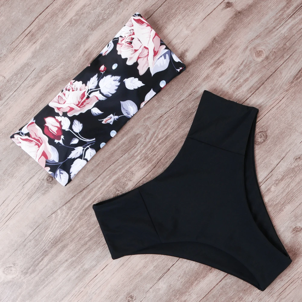 Günstig Tropical Druck Badeanzug Push Up Bikini 2020 Sexy Bandeau Bademode Weibliche Hohe Taille Badeanzug Frauen Sommer Separaten Schwimmen Anzug