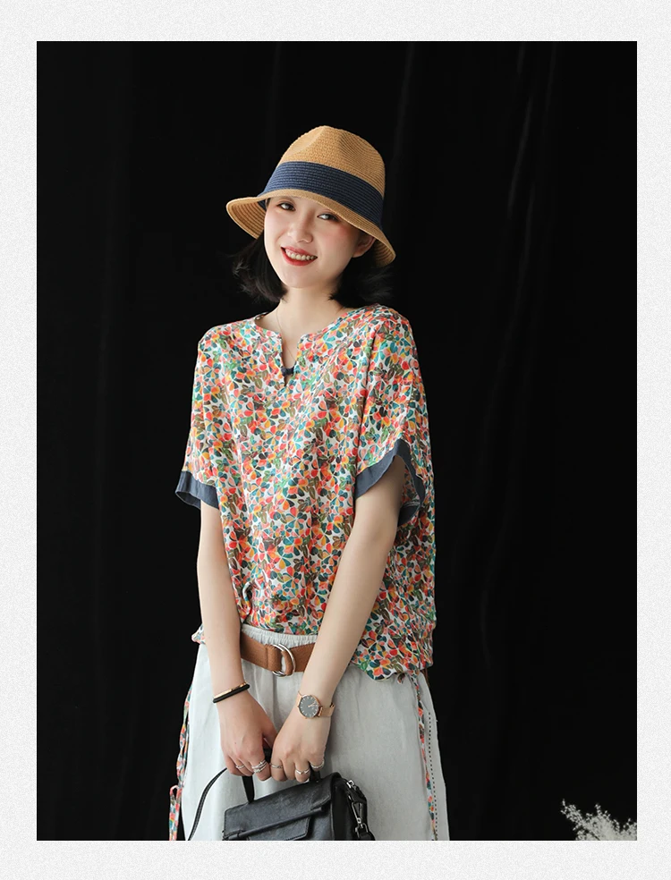

Contrast color digital print hem drawstring shirt women