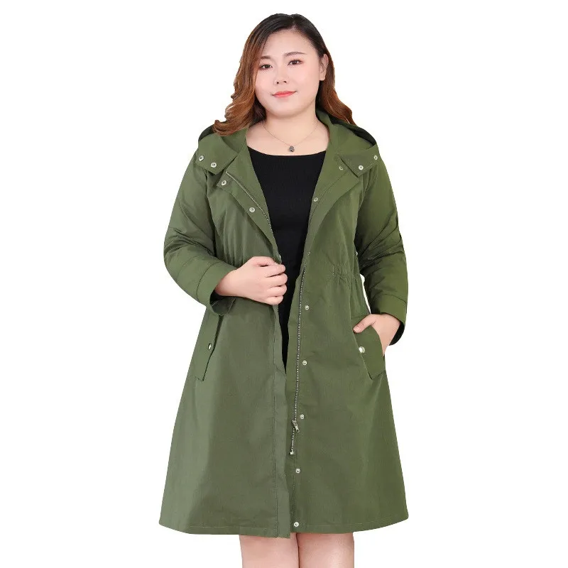 

Plus size 4XL-10XL Trench Coat Women 2019 Spring Autumn Hooded Tooling Windbreaker Female Basic Coat ArmyGreen Trench Coats N387
