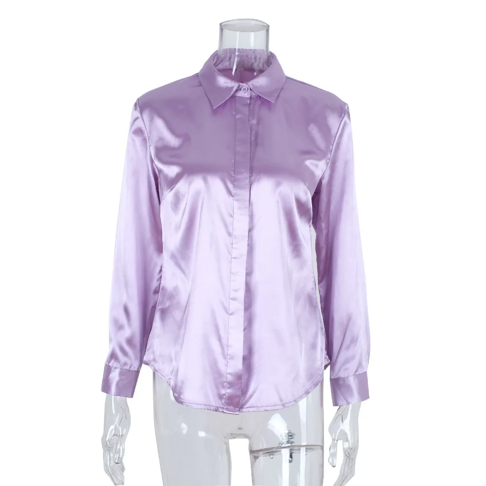 Causey Silk OL blouse shirt women Stand long sleeve button up womens tops and blouses purple chemisier femme Blouses
