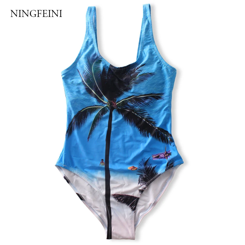 

NINGFEINI New Sexy Backless One Piece Swimsuit Women Print Coconut Tree Swimwear Bathing Suit Beach High Cut Monokini Swimwear