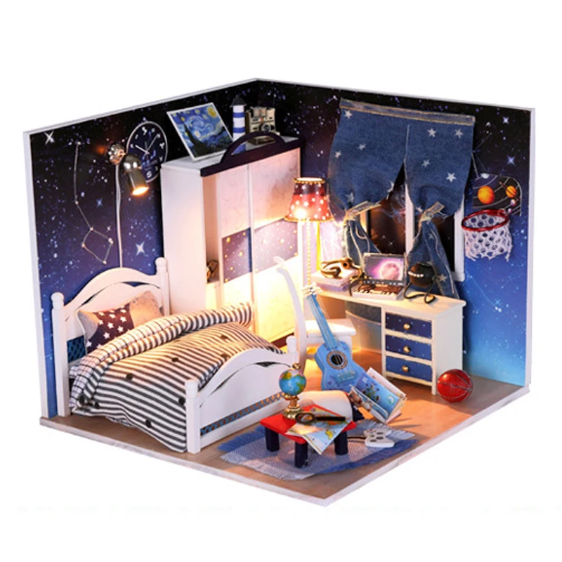 

DIY Wooden Miniature Doll House With 3D Furnitures Creative Handmade DollHouse Toys Gift Look Up At The Starry Sky M008 #E