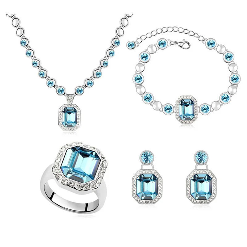 

Blue Necklace Earring Bracelet Ring Four Sets Austrian Crystal Brand Luxury Jewelry Set For Women Birthday Gift Jewellery Bijoux