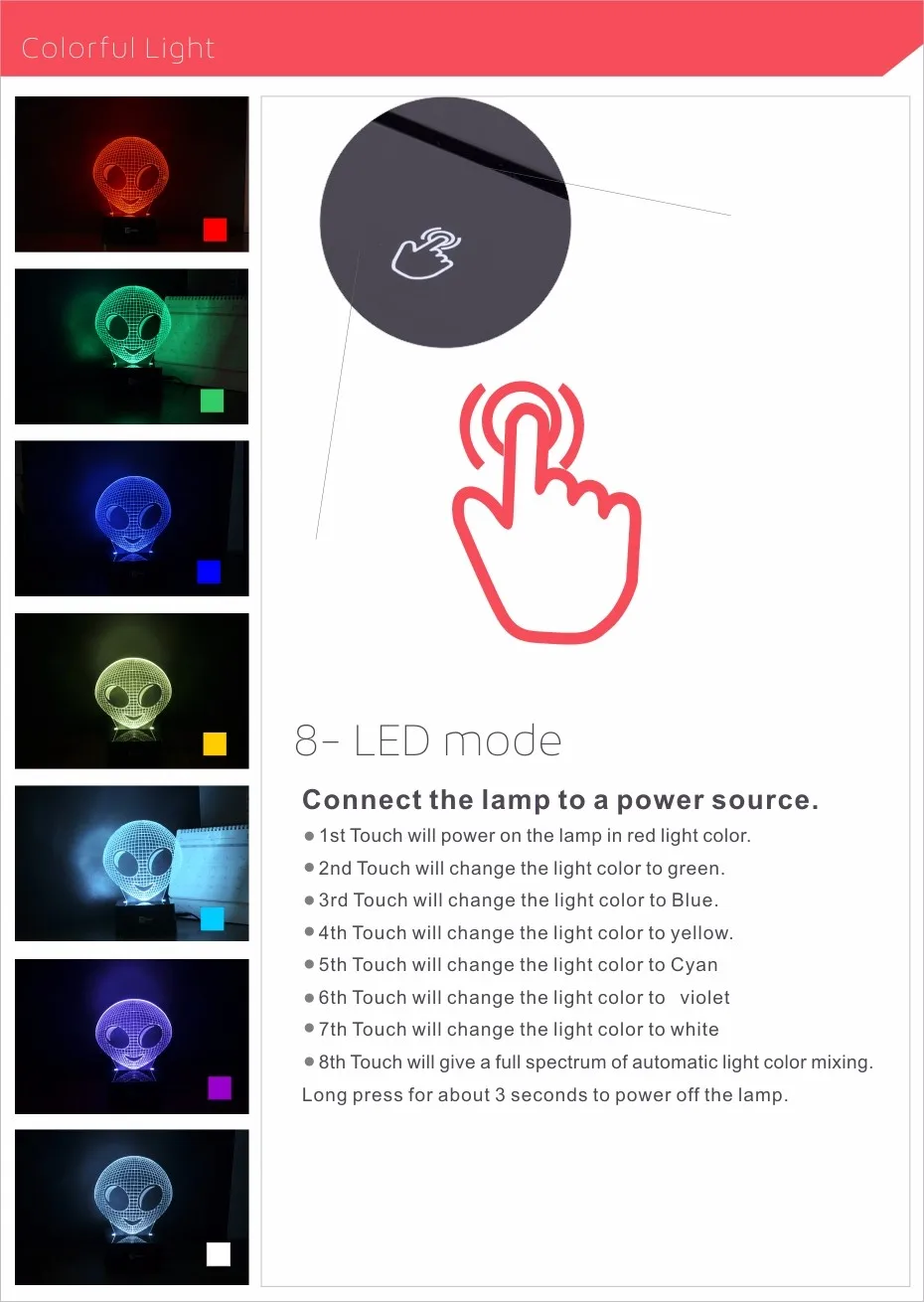 CNHIDEE Alien 7 Colors RGB Lamp 3D Night Light Children Bedroom Sleeping Led Table Lamps USB Besides Lampara as Home Decor (2)