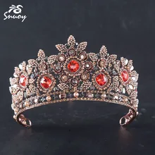 Snuoy Luxury Vintage Red Rhinestone Tiara Pearl Flower Crown For Women Bridal Wedding Headwear Jewelry Accessroies
