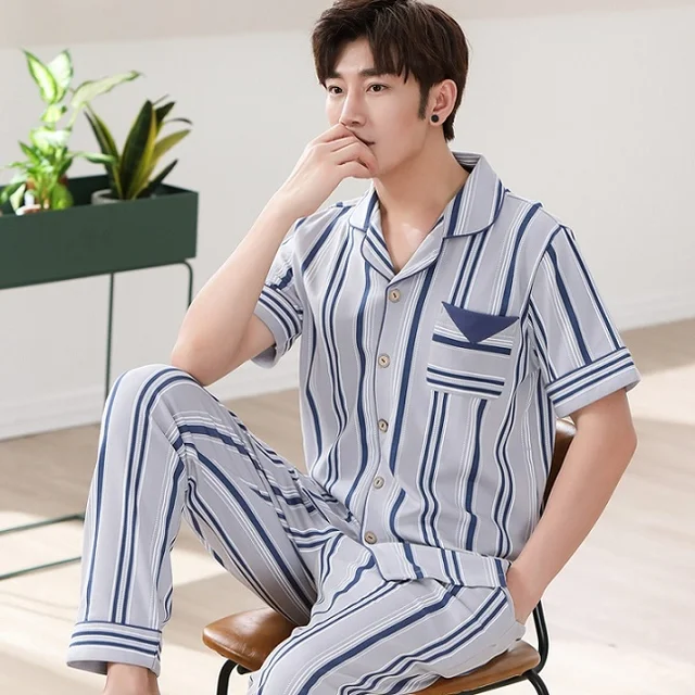 Men's Pajamas Summer Short Sleeve Home Thin Cotton Striped Pyjamas Men Lounge Pajama Sets Boy
