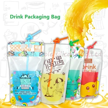 

500pcs/lot 500ml Cute Design Stand Up Plastic Drink Packaging Bag Pouch for Beverage Water Juice Milk Coffee, with Hole Handle