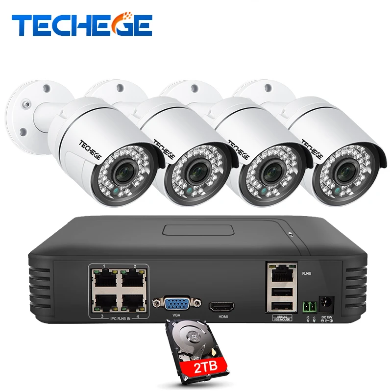Techege 4CH 1080 P POE сетевой видеорегистратор c выходом HDMI 2.0MP 1.3MP 1.0MP ip камера водостойкая