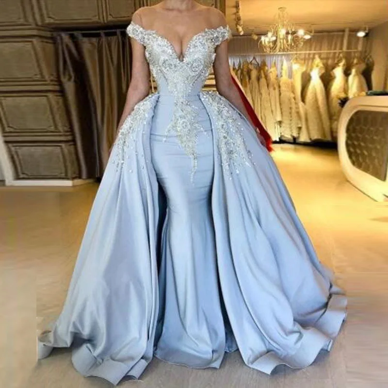 Дубай небесно-голубая кружевная бисерная Русалка вечернее платье со съемным шлейфом с открытыми плечами аппликация длинное платье для выпускного вечера robe de soiree