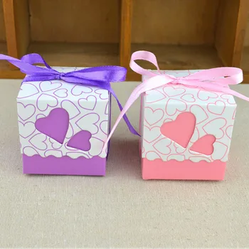 

50pcs Love Heart Laser Cut Hollow Dragees Candy Gift Boxes Deco Mariage Wedding Party Cake Carton Chocolate Box with Ribbon
