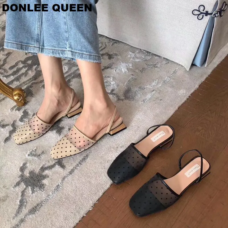 

2019 Fashion Brand Designer Lace Sandals Polka Dot Mesh Low Heel Mules Shoes Slip On Slides Summer Sandals For Party Dress Shoes