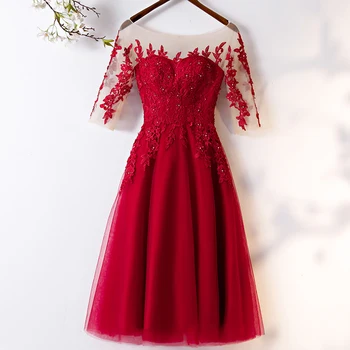 

Bridemaids Dresses Robe Fete Sheer Short Sleeve Dress Prom Rhinestone Appliques Tulle Dress Ball Gown Wedding Party Dress TS565